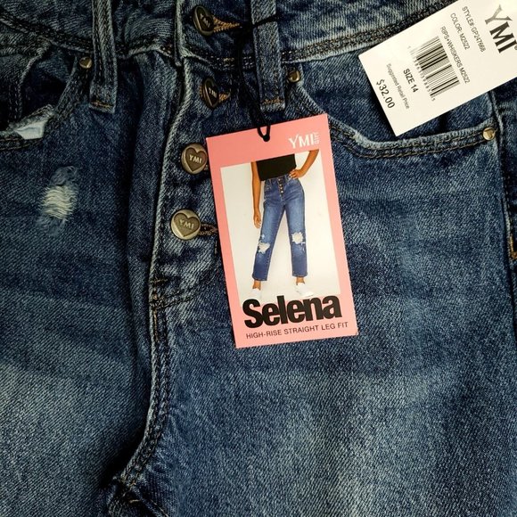 YMI Selena High-Rise Distressed Straight Leg Snap Fly Jeans Medium Wash Sz 14 - Picture 3 of 7